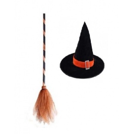 Cadı Süpürgesi ve Şapka Seti Turuncu Çocuk