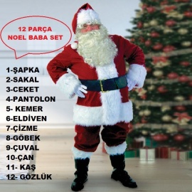Noel Baba Kostümü Kadife Lüx 12 Parça Set