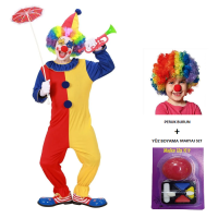 Kukuletalı Tulum Palyaço Kostümü Çocuk Tam Takım