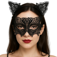 Dantel Kedi Maske Taç Set Siyah