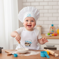 Chef Baskılı Bebek Beyaz Mutfak Önlüğü Ve Bebek Aşçı Şapkası 2'li Set Erkek