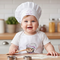 Chef Baskılı Bebek Beyaz Mutfak Önlüğü Ve Bebek Aşçı Şapkası 2'li Set Kız