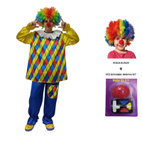 Renkli Baklava Desen İkili Palyaço Kostümü Çocuk Tam Takım
