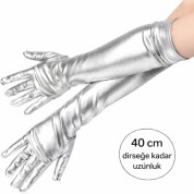 Gümüş Renk Dirsek Altı Lüks Saten Eldiven