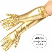 Altın Renk Dirsek Altı Lüks Saten Eldiven